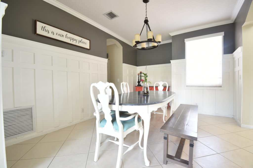 gray and white dining room